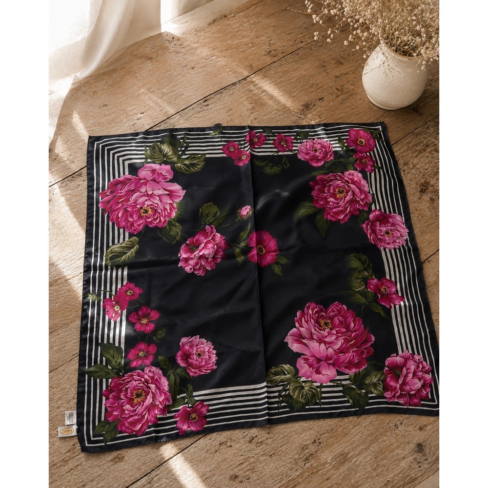 Talbots 100% Silk Scarf Pink Floral Black Striped Bandana Coquette Elegant Chic